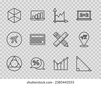 Set line Triangle math, Graph, schedule, chart, diagram, Discount percent tag, Geometric figure Cube, Calculator,  and Square root of x glyph icon. Vector