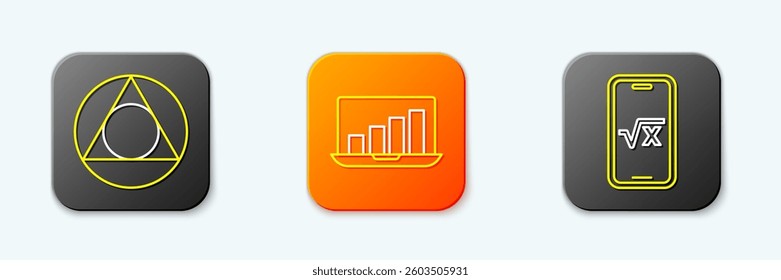 Set line Triangle math, Laptop with graph chart and Square root of x glyph icon. Vector