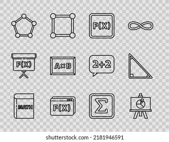 Set line Triangle math, XYZ Coordinate system, Equation solution, Geometric figure Pentagonal prism, Sphere, Calculation, Square and Calendar icon. Vector
