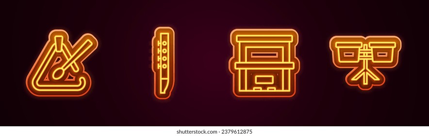 Set line Triangle musical instrument, Flute, Piano and Bongo drum. Glowing neon icon. Vector