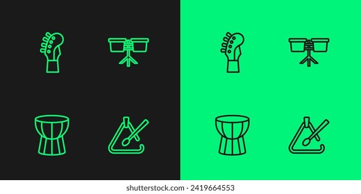 Set line Triangle musical instrument, African darbuka drum, Guitar neck and Bongo icon. Vector