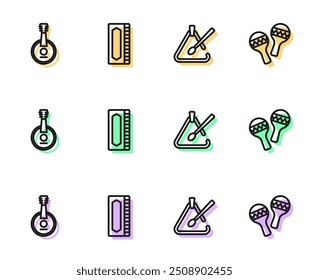 Set line Triangle musical instrument, Banjo, Harmonica and Maracas icon. Vector