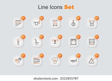 Set line Triangle musical instrument, Trumpet, Guitar pick, Xylophone, Maracas, Piano, amplifier and Bongo drum icon. Vector