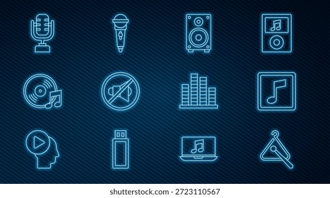 Set line Triangle musical instrument, Music note, tone, Stereo speaker, Speaker mute, Vinyl disk, Microphone, equalizer and  icon. Vector