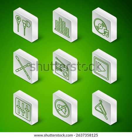 Set line Triangle musical instrument, Speaker mute, Air headphones, Radio with antenna, Drum sticks, Music equalizer, Sound mixer controller and Play square icon. Vector