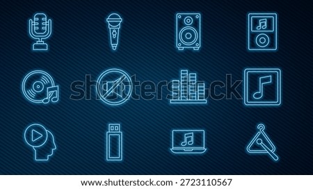 Set line Triangle musical instrument, Music note, tone, Stereo speaker, Speaker mute, Vinyl disk, Microphone, equalizer and  icon. Vector