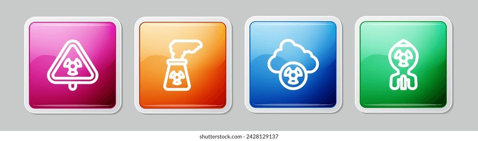 Fijar línea Triángulo con radiación, central nuclear, lluvia ácida y nube radiactiva y bomba. Botón cuadrado colorido. Vector