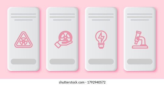 Set line Triangle with radiation, Radioactive, Light bulb lightning and Microscope. White rectangle button. Vector