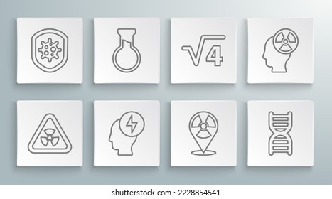 Set line Triangle with radiation, Test tube and flask, Head electric symbol, Radioactive in location, DNA, Square root of 4 glyph,  and Shield protecting from virus icon. Vector