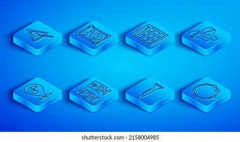 Set line Triangle, Stereo speaker, Drum machine, Clarinet, Maracas, Location musical note and Dial knob level icon. Vector