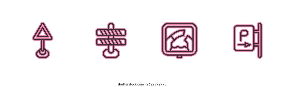 Set line Triangle warning blank, Drawbridge ahead, Road barrier and Parking icon. Vector