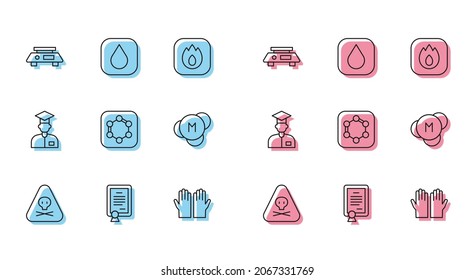 Set line Triangle warning toxic, Certificate template, Electronic scales, Medical rubber gloves, Formula of benzene rings, Molecule, Laboratory assistant and Water drop icon. Vector