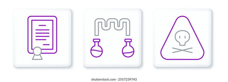 Set line Triangle warning toxic, Certificate template and Test tube and flask icon. Vector