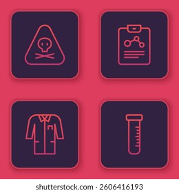 Set line Triangle warning toxic, Laboratory uniform, Chemistry report and Test tube and flask. Blue square button. Vector