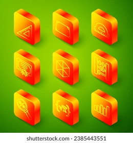 Set line Triangular ruler, Acute trapezoid shape, Protractor, Certificate template, Geometric figure Cube, Abacus, Magnifying glass with percent and Square root of x glyph icon. Vector