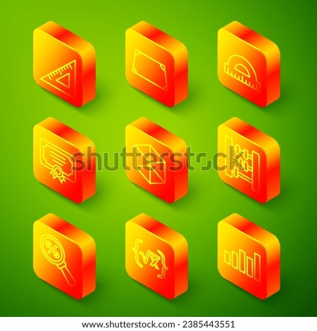 Set line Triangular ruler, Acute trapezoid shape, Protractor, Certificate template, Geometric figure Cube, Abacus, Magnifying glass with percent and Square root of x glyph icon. Vector