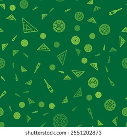 Set line Triangular ruler, Awl tool and Sewing button on seamless pattern. Vector