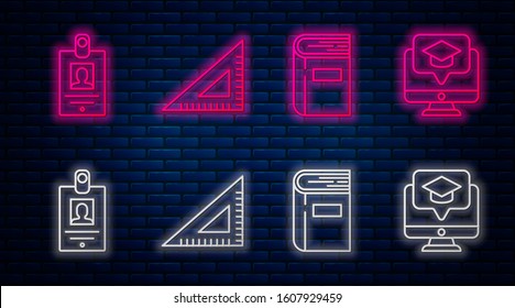 Set line Triangular ruler, Book, Identification badge and Monitor with graduation cap. Glowing neon icon on brick wall. Vector