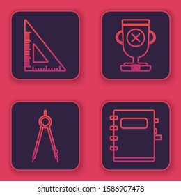 Set line Triangular ruler, Drawing compass, Award cup and Notebook. Blue square button. Vector