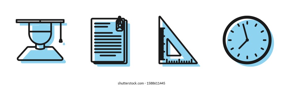 Set line Triangular ruler, Graduate and graduation cap, File document and paper clip and Clock icon. Vector