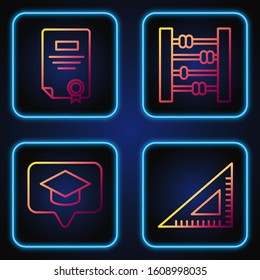 Set line Triangular ruler, Graduation cap in speech bubble, Certificate template and Abacus. Gradient color icons. Vector