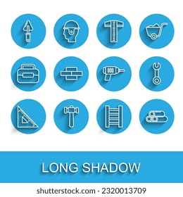 Set line Triangular ruler, Hammer, Trowel, Wooden staircase, Industry metallic pipe, Bricks, Wrench spanner and Electric drill machine icon. Vector
