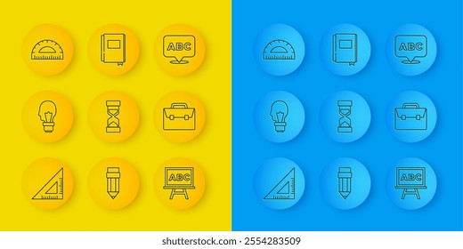Set line Triangular ruler, Light bulb with concept of idea, Old hourglass sand, Chalkboard, Briefcase, Protractor, Alphabet and Book icon. Vector