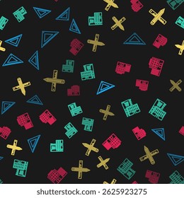 Set line Triangular ruler, Mall or supermarket building, Crossed and pencil and Hotel on seamless pattern. Vector