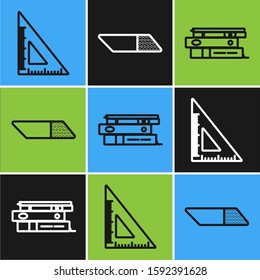Set line Triangular ruler, Office folders with papers and documents and Eraser or rubber icon. Vector