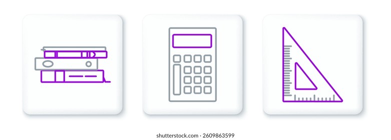 Set line Triangular ruler, Office folders with papers and documents and Calculator icon. Vector