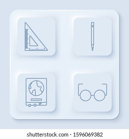 Set line Triangular ruler, Pencil with eraser, World map on a school blackboard and Glasses. White square button. Vector