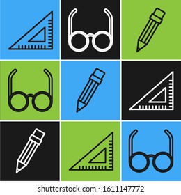 Set line Triangular ruler, Pencil with eraser and Glasses icon. Vector