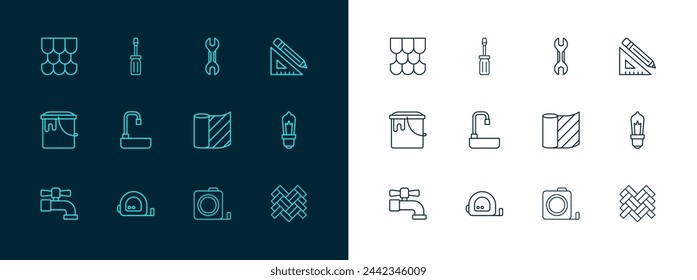 Set line Triangular ruler and pencil, Roulette construction, Wallpaper, Washbasin, Wrench spanner, Roof tile and Screwdriver icon. Vector