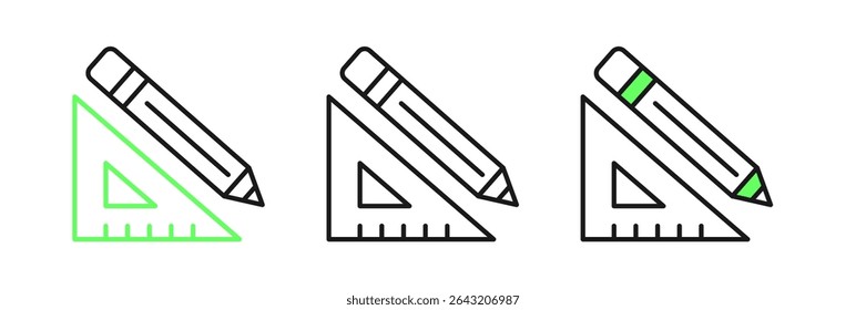 Set line Triangular ruler and pencil icon isolated on white background. Straightedge symbol. Drawing and educational tools.  Vector