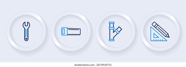 Set line Triangular ruler and pencil, Industry metallic pipe, Hand saw and Wrench spanner icon. Vector