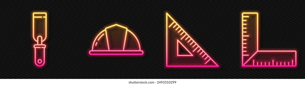 Set line Triangular ruler, Rasp metal file, Worker safety helmet and Corner ruler. Glowing neon icon. Vector