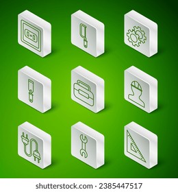 Set line Triangular ruler, Wrench spanner, Electrical outlet, Toolbox, Rasp metal file, Hacksaw, plug and Worker safety helmet icon. Vector