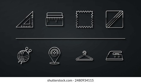 Set line Triangular ruler, Yarn ball with knitting needles, Sewing Pattern, Hanger wardrobe, Location tailor shop, Tape measure, Electric iron and Leather icon. Vector