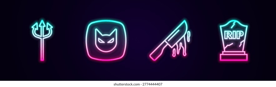 Set line Trident devil, Black cat, Bloody knife and Tombstone with RIP written. Glowing neon icon. Vector
