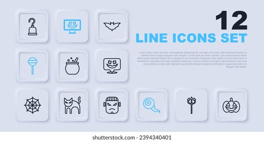 Set line Trident devil, Pumpkin, Halloween witch cauldron, Eye, Lollipop, Black cat, Happy holiday and Frankenstein face icon. Vector