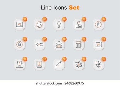 Set line Trigonometric circle, Atom, Ruler, Book with mathematics, Award cup, Certificate template, Calculator and School backpack icon. Vector