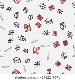 Set line Trigonometric circle, Graduation cap, Pencil with eraser and Book mathematics on seamless pattern. Vector