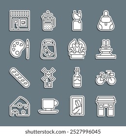 Set line Triumphal Arch, Bicycle, Fountain, Woman dress, Croissant package, Paint brush with palette, Coffee shop and Gargoyle on pedestal icon. Vector