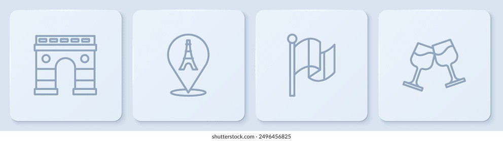 Set line Arco de Triunfo, Bandera Francia, Torre Eiffel y Copa de vino. Botón cuadrado blanco. Vector