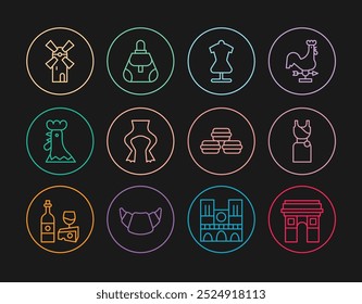 Arco de triunfo, vestido de mujer, maniquí, patas de rana, gallo francés, molino de viento, galleta de Macaron e icono de bolso. Vector