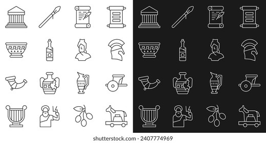 Set line Trojan horse, Ancient chariot, Greek helmet, Decree, parchment, scroll, Bottle of wine, ancient bowl, Parthenon and bust sculpture icon. Vector