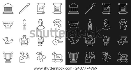 Set line Trojan horse, Ancient chariot, Greek helmet, Decree, parchment, scroll, Bottle of wine, ancient bowl, Parthenon and bust sculpture icon. Vector
