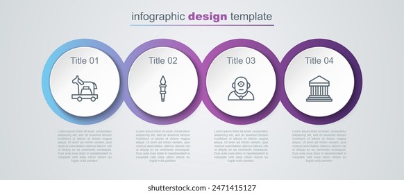 Set line Trojan horse, Torch flame, Cyclops and Parthenon. Business infographic template. Vector