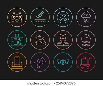 Set line Trolley baggage, Cloud with rain, Plane, Sun and cloud weather, Suitcase, Aircraft steering helm, Pilot and takeoff icon. Vector
