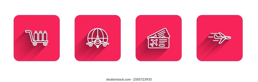 Set line Trolley baggage, Globe with flying plane, Airline ticket and Plane with long shadow. Red square button. Vector